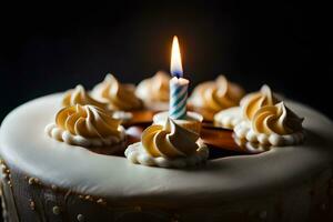 uma aniversário bolo com uma aceso vela em topo. gerado por IA foto