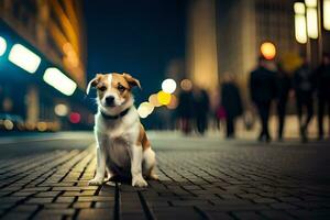 uma cachorro sentado em a rua às noite. gerado por IA foto