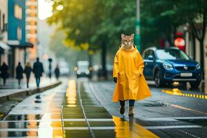 uma Raposa vestindo uma amarelo capa de chuva caminhando baixa uma rua. gerado por IA foto