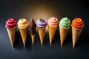 seis diferente colori gelo creme cones dentro uma linha. gerado por IA foto