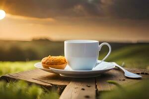 café copo e bolinho em de madeira mesa com pôr do sol fundo. gerado por IA foto