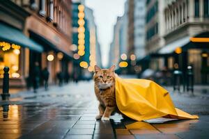 uma gato vestindo uma amarelo capa de chuva em uma cidade rua. gerado por IA foto