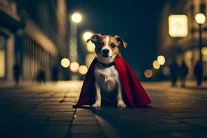 uma cachorro vestindo uma capa em a rua às noite. gerado por IA foto