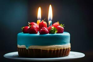 aniversário bolo com dois velas em topo do isto. gerado por IA foto