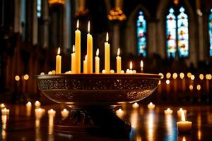 velas estão aceso dentro uma tigela dentro uma igreja. gerado por IA foto