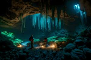 dois pessoas ficar de pé dentro frente do uma caverna com azul luzes. gerado por IA foto