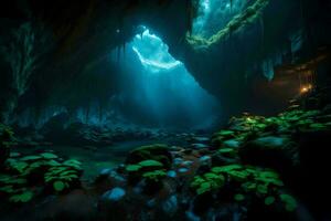 uma caverna com verde plantas e água. gerado por IA foto