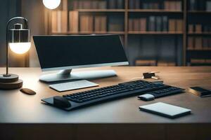 uma escrivaninha com uma computador, teclado, rato e lâmpada. gerado por IA foto