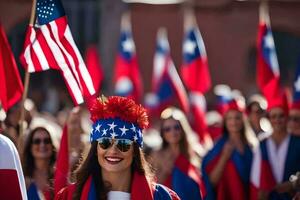 uma mulher dentro uma vermelho, branco e azul traje com a americano bandeira. gerado por IA foto