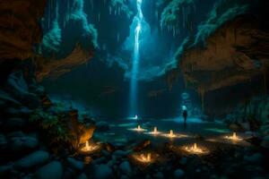 uma caverna com velas aceso dentro a água. gerado por IA foto