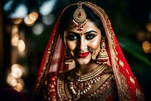 uma lindo noiva dentro tradicional indiano traje. gerado por IA foto