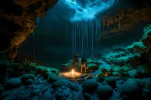 dois pessoas ficar de pé dentro frente do uma caverna com água gotejamento a partir de a teto. gerado por IA foto