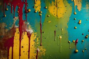 uma colorida parede com pintura respingos e pintura pinga. gerado por IA foto