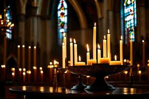 velas estão aceso dentro uma Igreja com manchado vidro janelas. gerado por IA foto