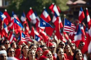 uma multidão do pessoas segurando bandeiras e vestindo vermelho camisas. gerado por IA foto