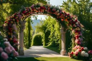 uma lindo arco com flores dentro a jardim. gerado por IA foto