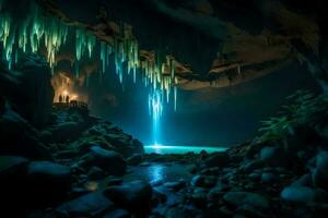 a caverna é aceso acima com azul luzes. gerado por IA foto