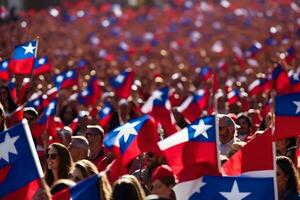 uma multidão do pessoas acenando chileno bandeiras. gerado por IA foto