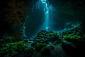 uma pessoa em pé dentro frente do uma caverna com uma cascata. gerado por IA foto