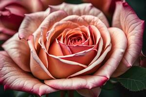 uma fechar acima do uma Rosa rosa com folhas. gerado por IA foto