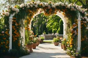 uma Casamento arco decorado com flores e vegetação. gerado por IA foto