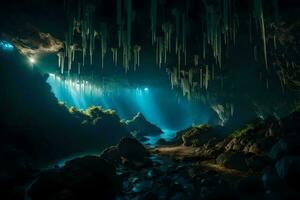 a caverna é aceso acima de luz chegando a partir de a teto. gerado por IA foto