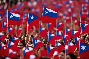 chileno pessoas onda bandeiras durante uma comício dentro frente do a presidencial Palácio dentro Chile. gerado por IA foto