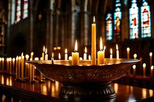 velas estão aceso dentro uma Igreja com manchado vidro janelas. gerado por IA foto