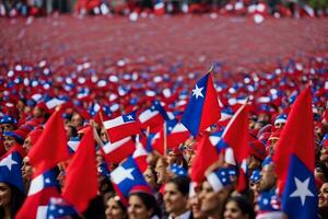 uma ampla multidão do pessoas acenando chileno bandeiras. gerado por IA foto