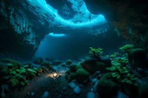 uma caverna com plantas e água. gerado por IA foto