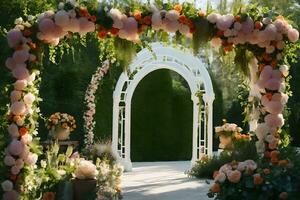 uma Casamento arco decorado com flores e balões. gerado por IA foto