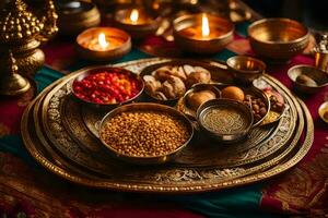 indiano Comida em uma mesa com velas e de outros Unid. gerado por IA foto