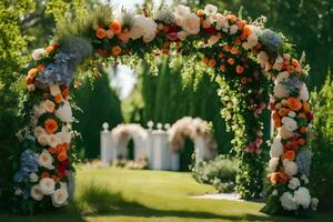 a arco com flores e vegetação. gerado por IA foto