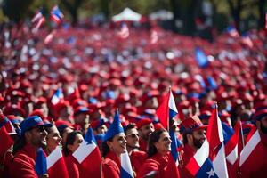 uma ampla grupo do pessoas dentro vermelho e azul. gerado por IA foto