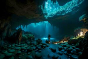 uma homem em pé dentro frente do uma caverna com luz chegando a partir de a teto. gerado por IA foto