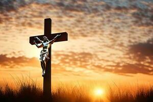 Jesus em a Cruz às pôr do sol. gerado por IA foto