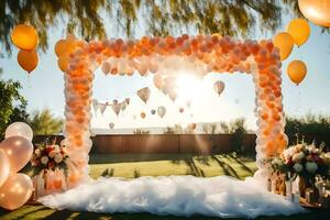 a ao ar livre Casamento arco com balões e flores gerado por IA foto