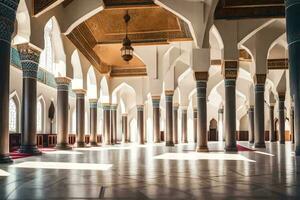 a interior do uma mesquita com colunas e arcos. gerado por IA foto