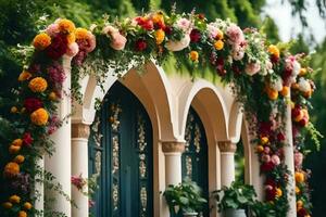 uma colorida arco com flores e vegetação. gerado por IA foto