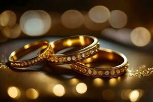 ouro Casamento argolas em uma mesa. gerado por IA foto