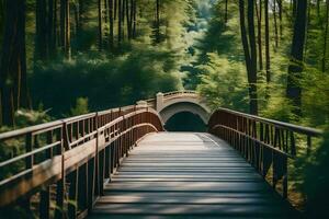 uma ponte dentro a madeiras com árvores e uma caminho. gerado por IA foto