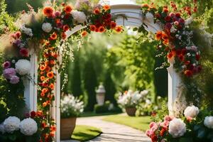 a arco com flores e vegetação. gerado por IA foto