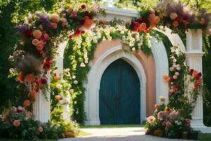 a arco com flores e vegetação. gerado por IA foto