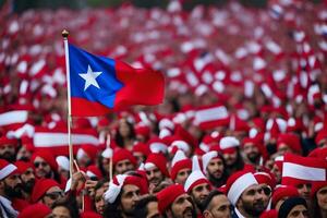 uma ampla multidão do pessoas segurando acima uma chileno bandeira. gerado por IA foto