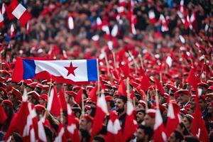 uma multidão do pessoas segurando bandeiras e vestindo vermelho e branco. gerado por IA foto