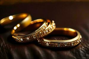 ouro Casamento argolas em uma couro. gerado por IA foto