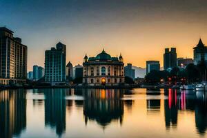 a cidade Horizonte é refletido dentro a água às pôr do sol. gerado por IA foto