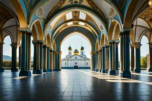 a interior do uma Igreja com azul e branco pilares. gerado por IA foto