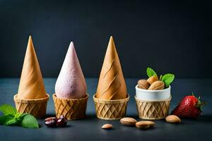 três gelo creme cones com diferente sabores. gerado por IA foto