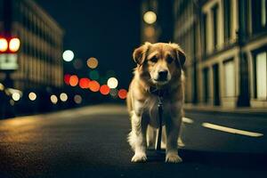 uma cachorro em pé em a rua às noite. gerado por IA foto